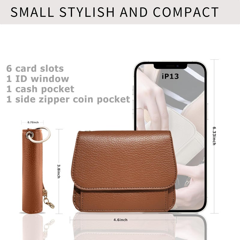 Sunpour Women Small Wallet RFID Blocking Slim Wallet with Coin Pocket Tri-Fold Credit Card Holder with ID Window and Keychain (Dark Brown) - Image 2
